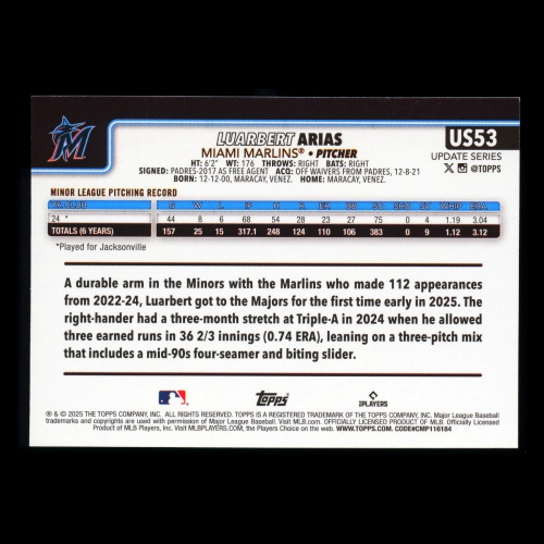 Luarbert Arias RC 2025 Topps Update Rookie Marlins