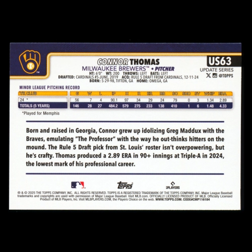 Connor Thomas RC 2025 Topps Update Rookie Brewers
