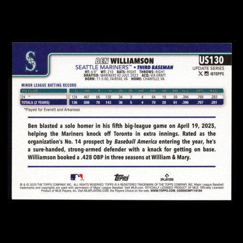 Ben Williamson RC 2025 Topps Update Rookie Mariners