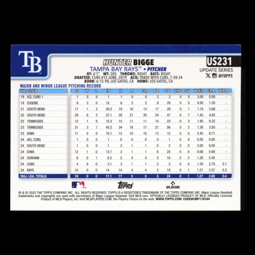Hunter Bigge RC 2025 Topps Update Rookie Rays