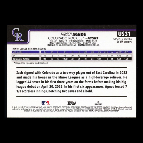 Zach Agnos RC 2025 Topps Update Rookie Rockies