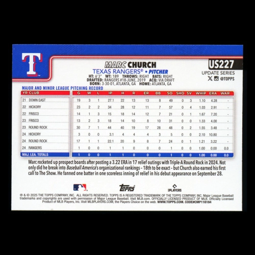 Marc Church RC 2025 Topps Update Rookie Rangers