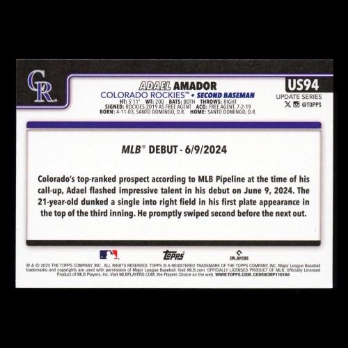 Adael Amador 2025 Topps Update Rookie Debut Rockies