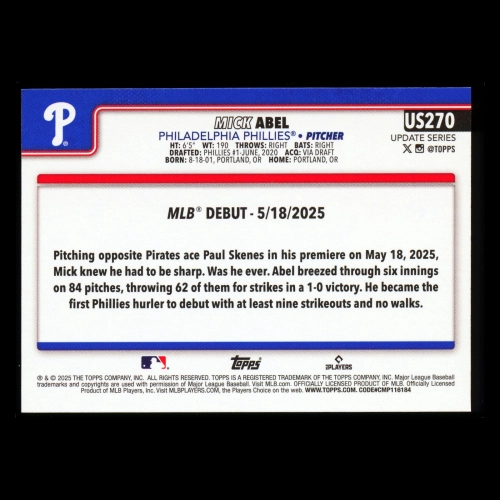 Mick Abel 2025 Topps Update Rookie Debut Phillies