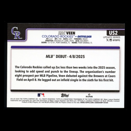 Zac Veen 2025 Topps Update Rookie Debut Rockies