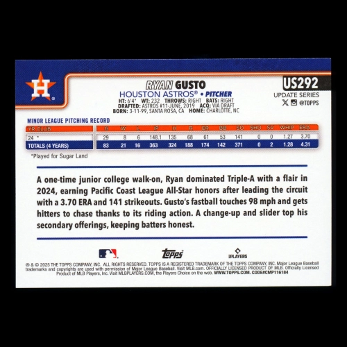 Ryan Gusto RC 2025 Topps Update Rookie Astros