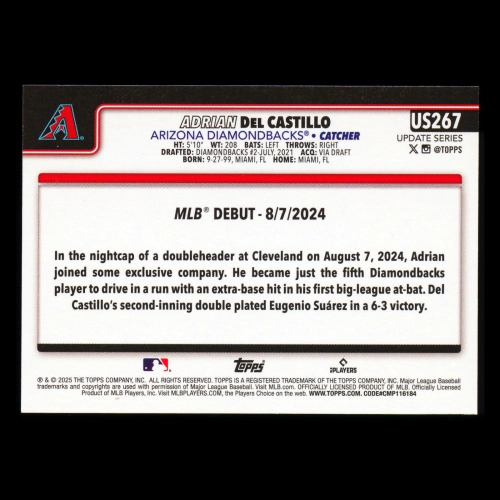 Adrian Del Castillo 2025 Topps Update Rookie Debut Diamondbacks