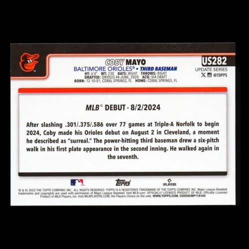 Coby Mayo 2025 Topps Update Rookie Debut Orioles
