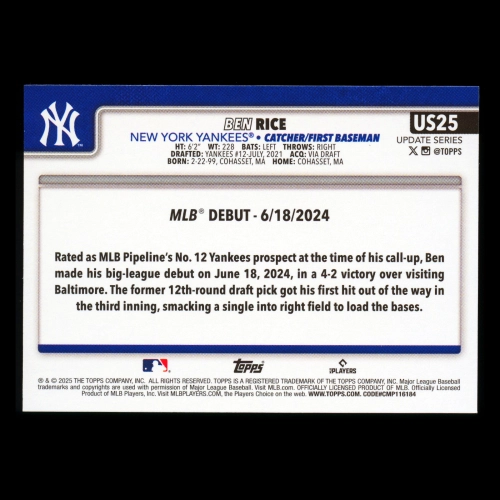 Ben Rice 2025 Topps Update Rookie Debut Yankees