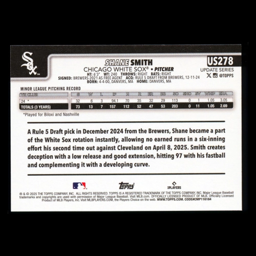Shane Smith RC 2025 Topps Update Rookie White Sox