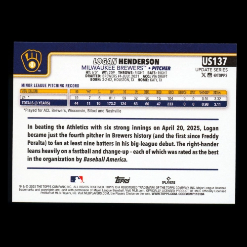 Logan Henderson RC 2025 Topps Update Rookie Brewers