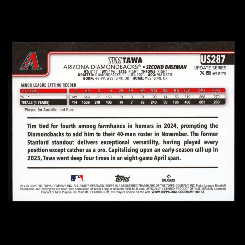 Tim Tawa RC 2025 Topps Update Rookie Diamondbacks
