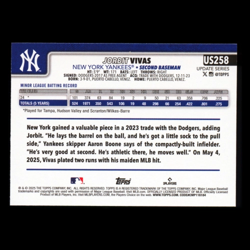 Jorbit Vivas RC 2025 Topps Update Rookie Yankees