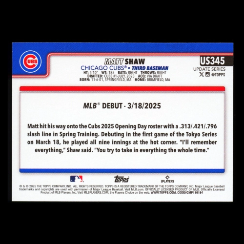 Matt Shaw 2025 Topps Update Rookie Debut Cubs