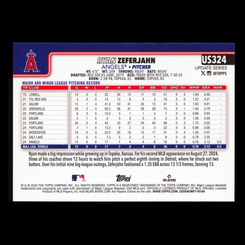 Ryan Zeferjahn RC 2025 Topps Update Rookie Angels