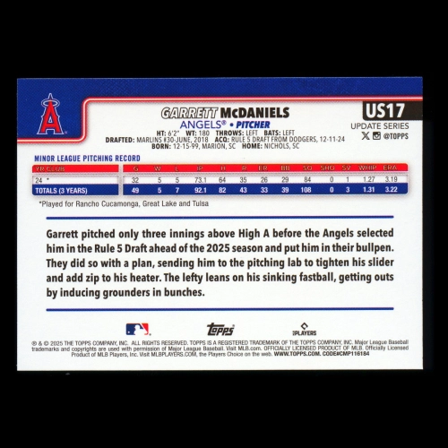 Garrett McDaniels RC 2025 Topps Update Rookie Angels