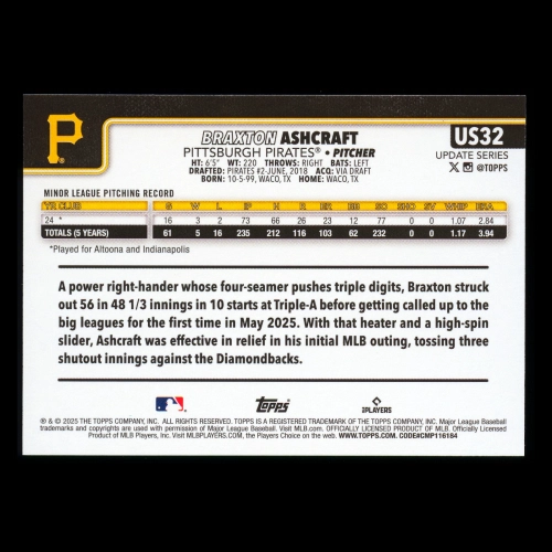 Braxton Ashcraft RC 2025 Topps Update Rookie Pirates
