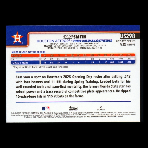 Cam Smith RC 2025 Topps Update Rookie Astros