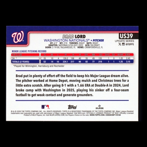 Brad Lord RC 2025 Topps Update Rookie Nationals
