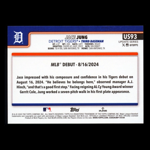Jace Jung 2025 Topps Update Rookie Debut Tigers