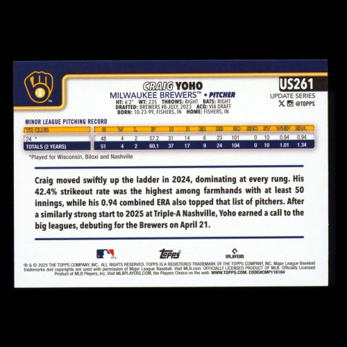 Craig Yoho RC 2025 Topps Update Rookie Brewers