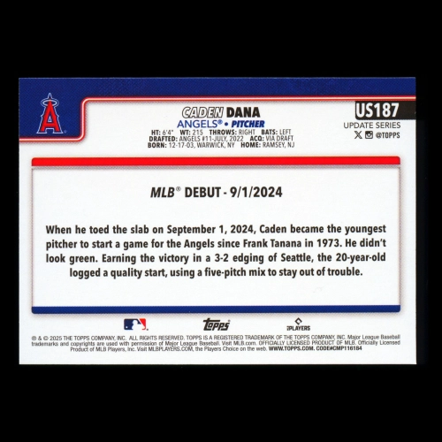 Caden Dana 2025 Topps Update Rookie Debut Angels