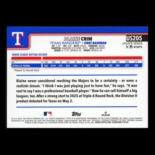 Blaine Crim RC 2025 Topps Update Rookie Rangers