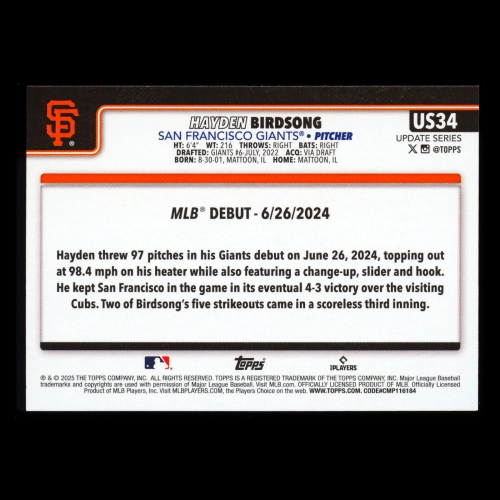 Hayden Birdsong 2025 Topps Update Rookie Debut Giants