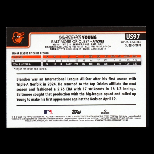 Brandon Young RC 2025 Topps Update Rookie Orioles
