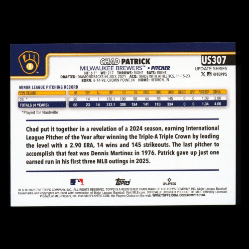 Chad Patrick RC 2025 Topps Update Rookie Brewers