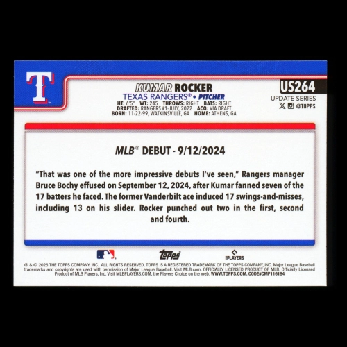 Kumar Rocker 2025 Topps Update Rookie Debut Rangers