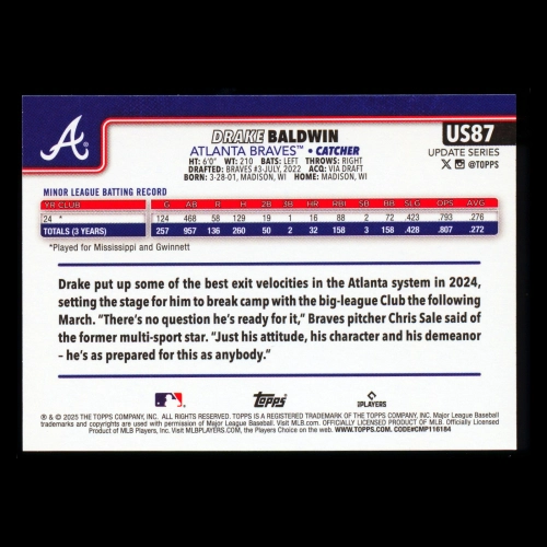 Drake Baldwin RC 2025 Topps Update Rookie Braves