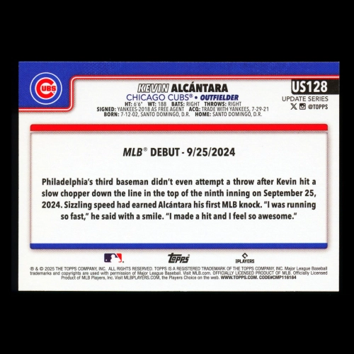Kevin Alcntara 2025 Topps Update Rookie Debut Cubs