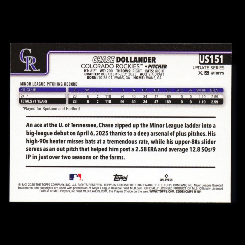 Chase Dollander RC 2025 Topps Update Rookie Rockies