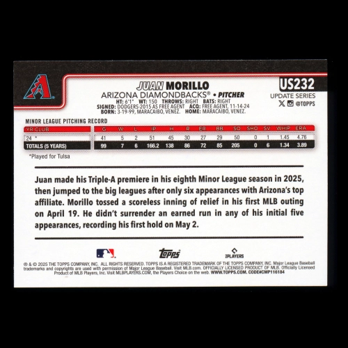 Juan Morillo RC 2025 Topps Update Rookie Diamondbacks