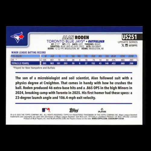 Alan Roden RC 2025 Topps Update Rookie Blue Jays