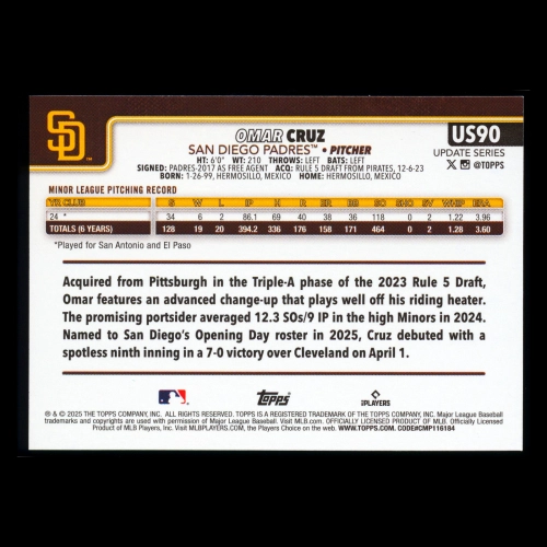 Omar Cruz RC 2025 Topps Update Rookie Padres