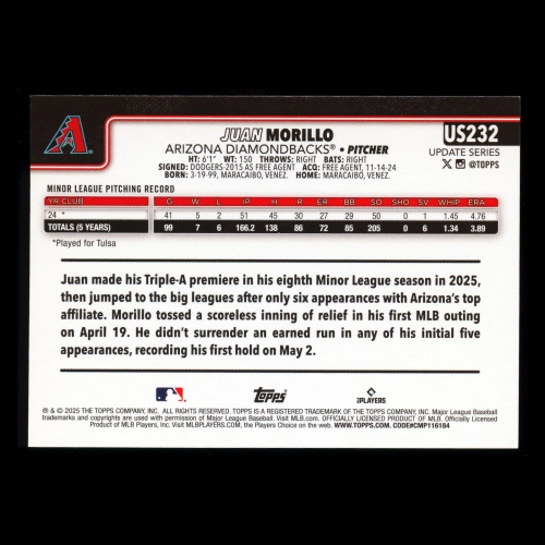 Juan Morillo RC 2025 Topps Update Rookie Diamondbacks