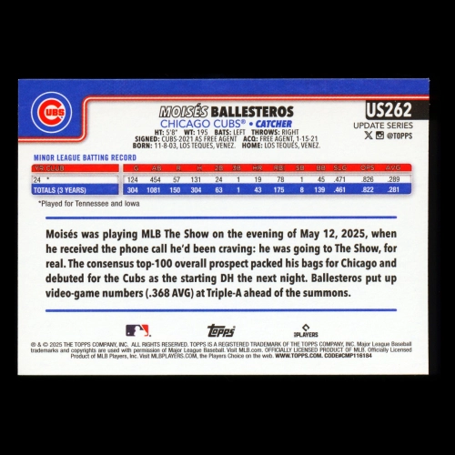Moiss Ballesteros RC 2025 Topps Update Rookie Cubs