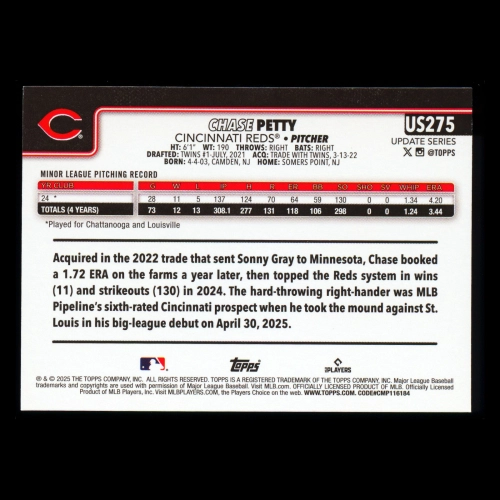 Chase Petty RC 2025 Topps Update Rookie Reds