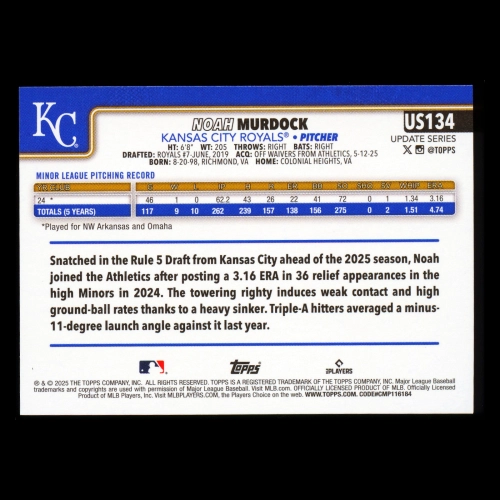 Noah Murdock RC 2025 Topps Update Rookie Royals