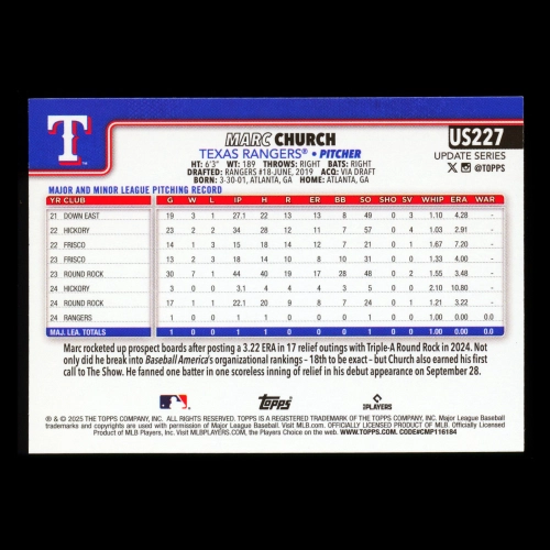 Marc Church RC 2025 Topps Update Rookie Rangers