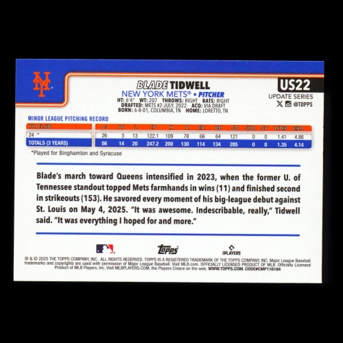 Blade Tidwell RC 2025 Topps Update Rookie Mets