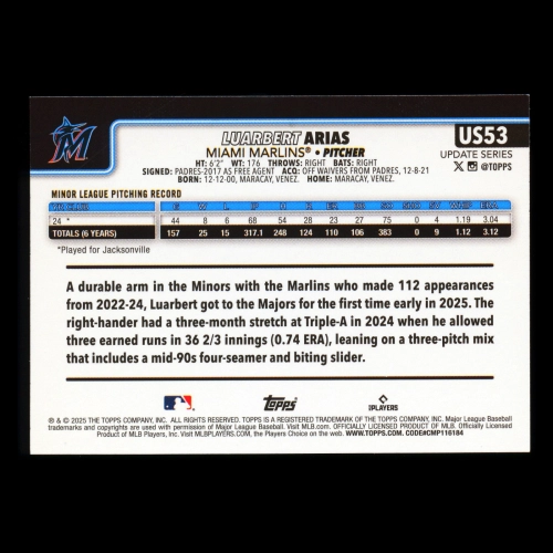 Luarbert Arias RC 2025 Topps Update Rookie Marlins