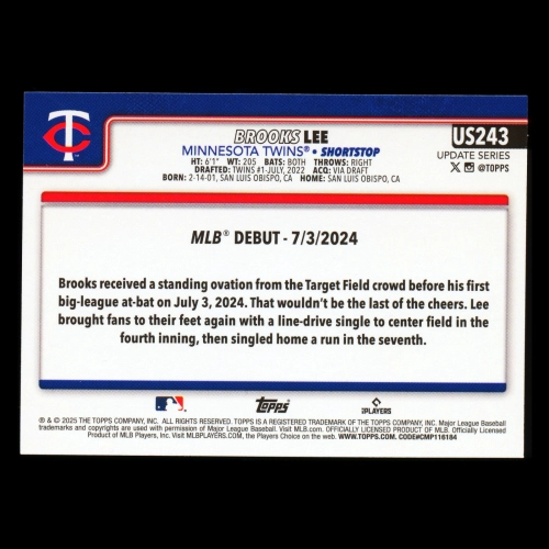 Brooks Lee 2025 Topps Update Rookie Debut Twins