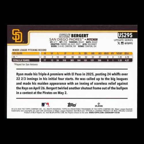 Ryan Bergert RC 2025 Topps Update Rookie Padres