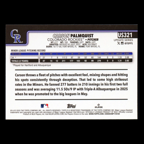 Carson Palmquist RC 2025 Topps Update Rookie Rockies