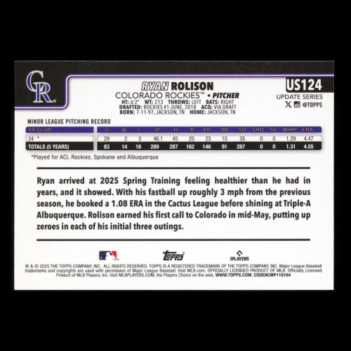 Ryan Rolison RC 2025 Topps Update Rookie Rockies