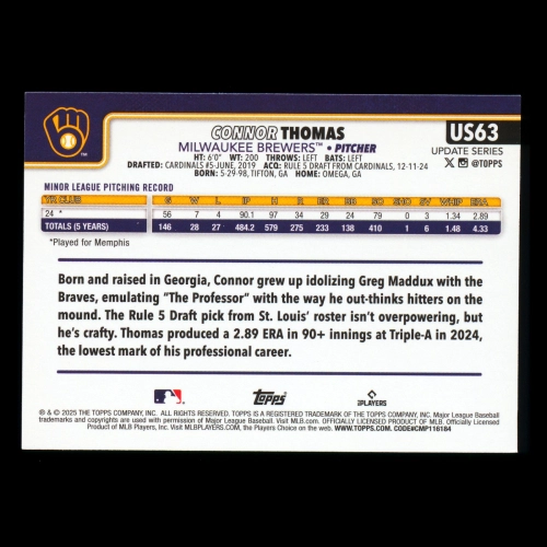 Connor Thomas RC 2025 Topps Update Rookie Brewers