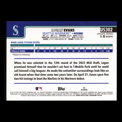 Logan Evans RC 2025 Topps Update Rookie Mariners